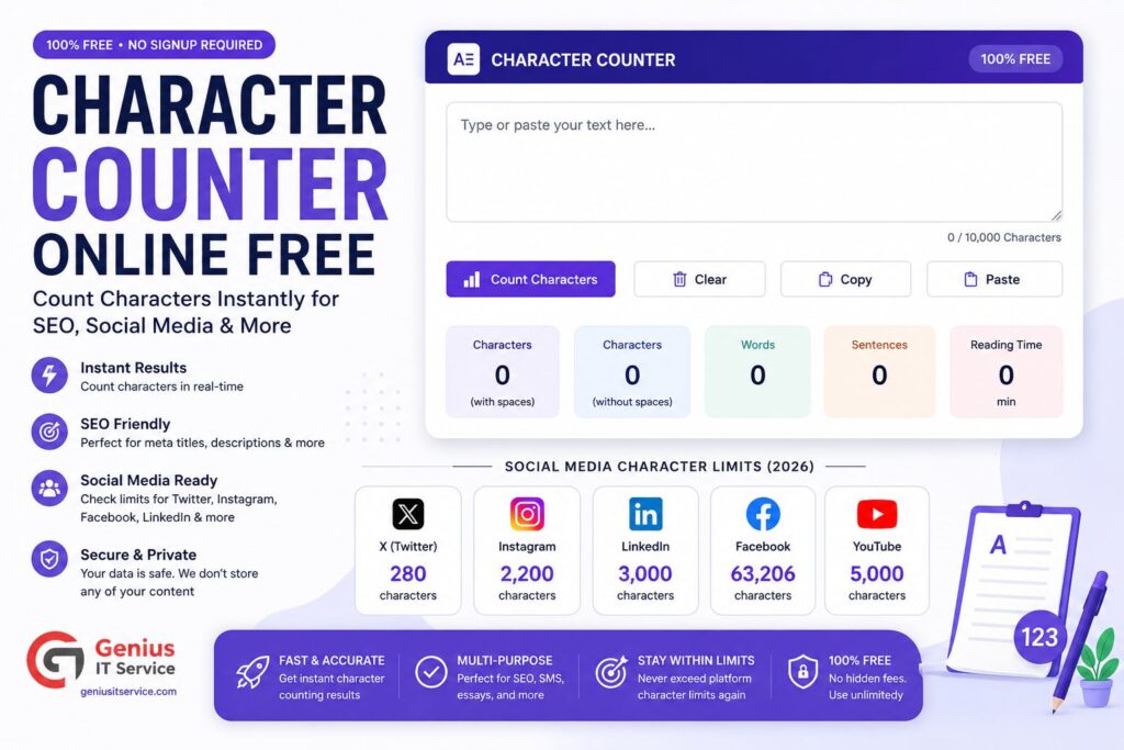 Character Counter Online Free Tool by Genius IT Service 2026